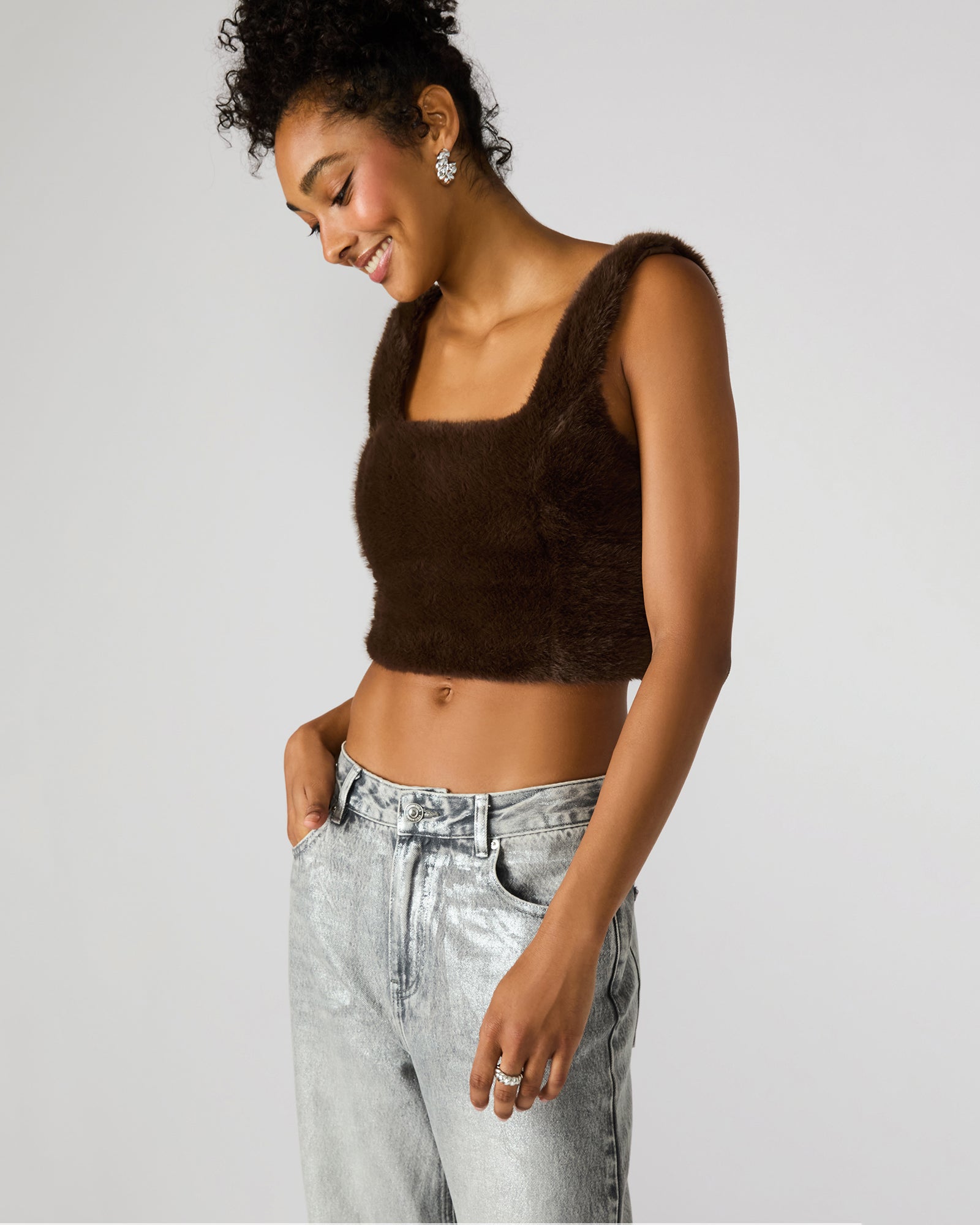 HANNIA FAUX FUR TOP DARK ESPRESSO - Image 2